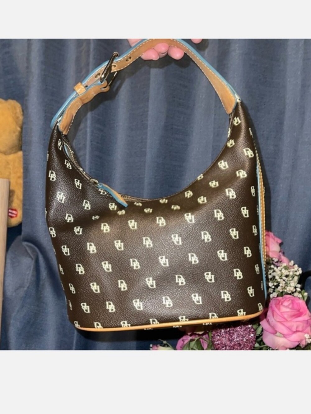 Dooney & Bourke Brown Monogram Hobo Shoulder Bag with Blue Interior NWOT